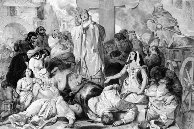 <p>People praying for relief from the bubonic plague, circa 1350. Original Artwork: Designed by E Corbould, lithograph by F Howard</p>