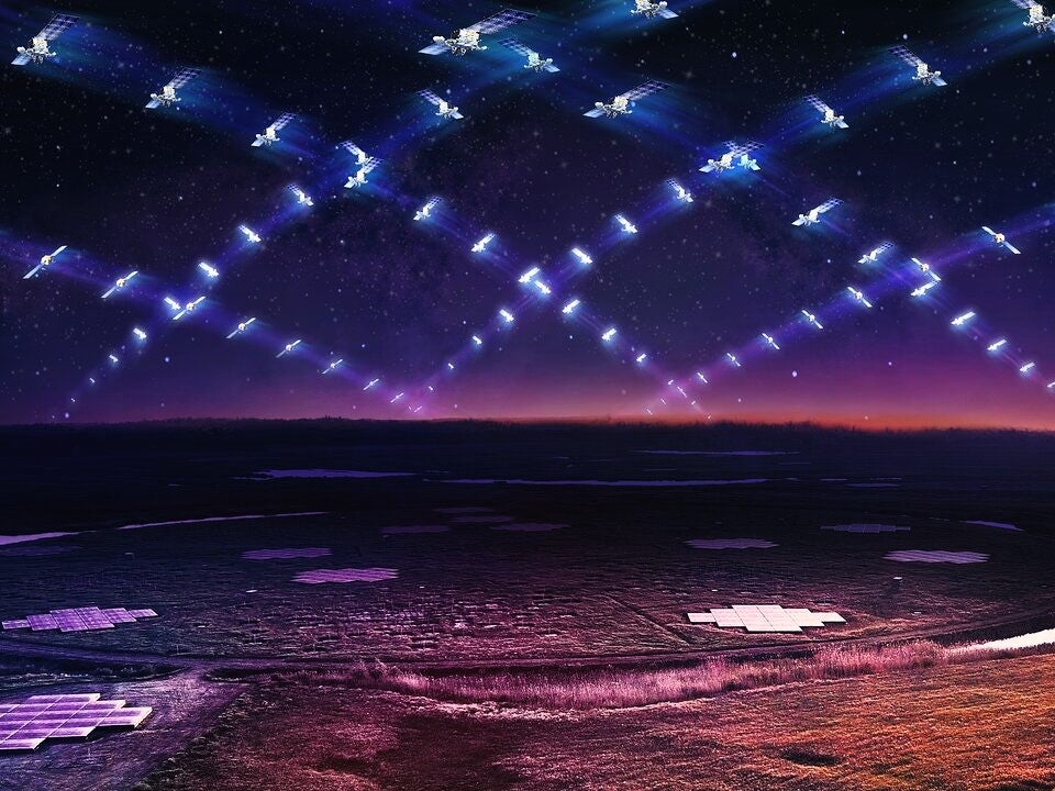 An artist’s impression of Elon Musk’s Starlink in low Earth orbit circling above the LOFAR telescope