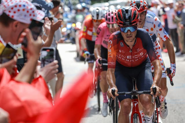 <p>Tom Pidcock rides on the front of the breakaway</p>