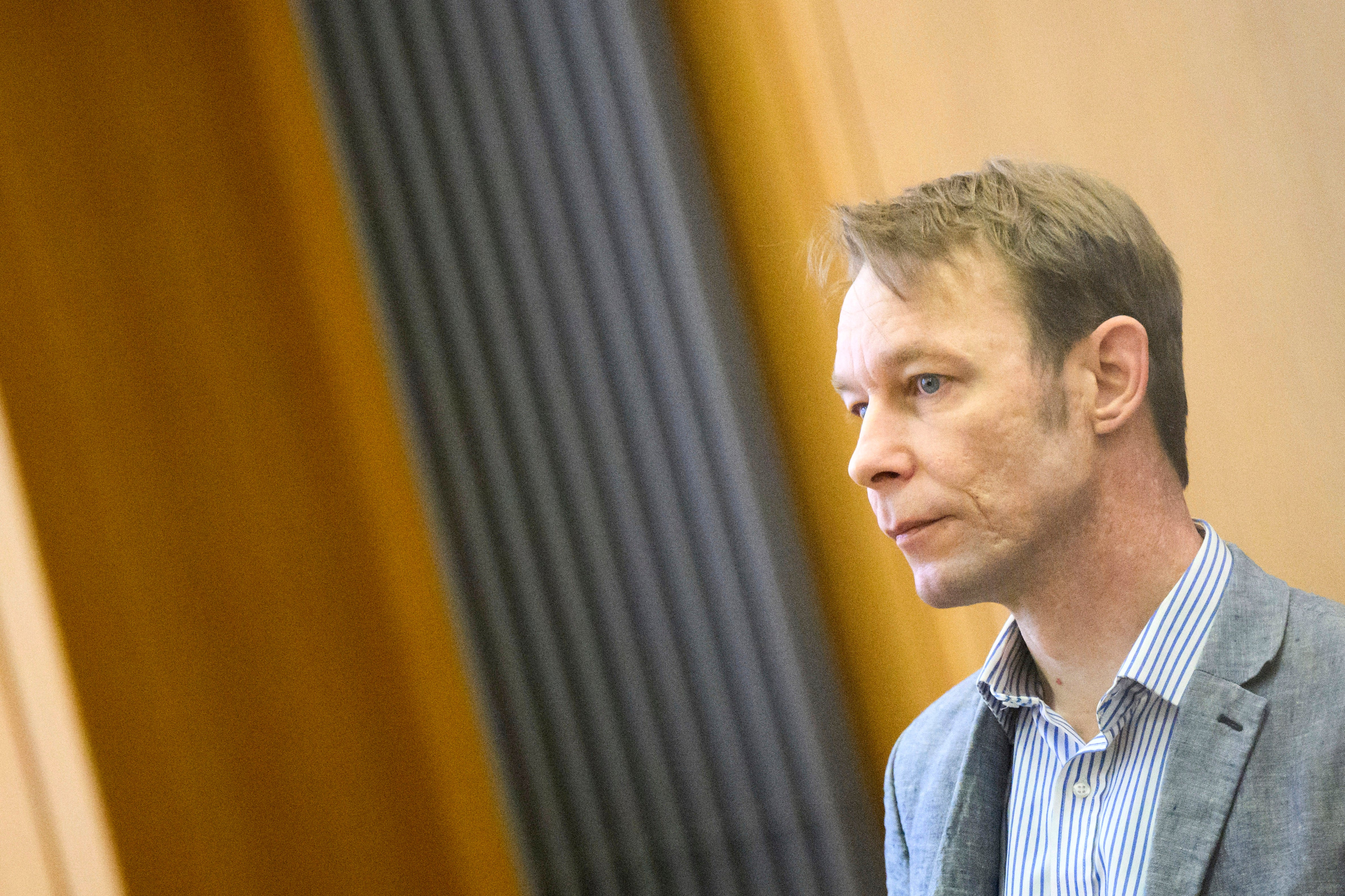 A man identified by media as Christian Brueckner sits in the courtroom during his trial in Germany, Wednesday, April 3, 2024