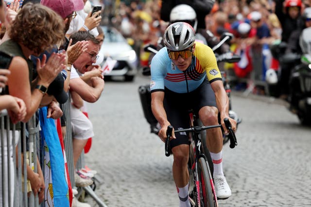 <p>Remco Evenepoel in action during the Olympic road race final in Paris </p>