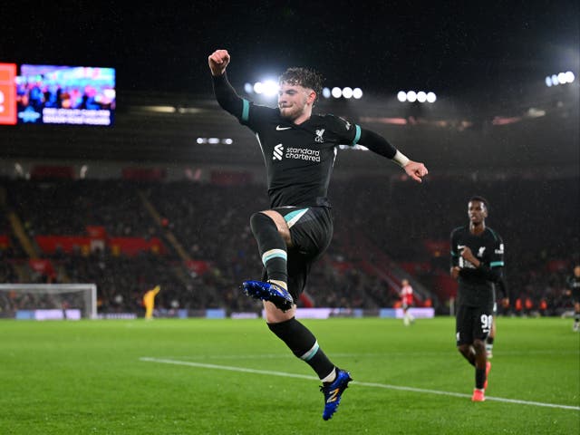 <p>Harvey Elliott celebrates his first goal of the season as Liverpool beat Southampton </p>