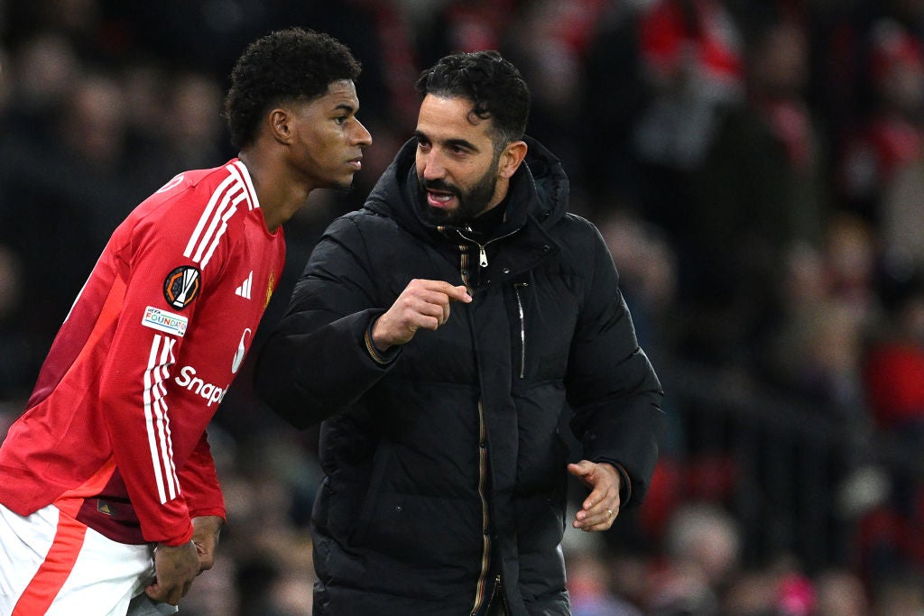 Ruben Amorim speaks to Rashford at United’s Europa League match against FK Bodo/Glimt in November