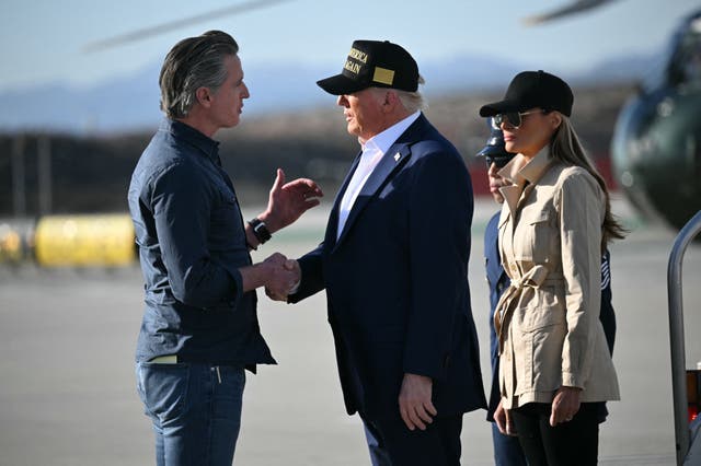 <p>Donald Trump and Gavin Newsom put on a united front on the tarmac of LAX on Friday, as the president arrived in California for a visit to survey the devastation caused by the wildfires</p>