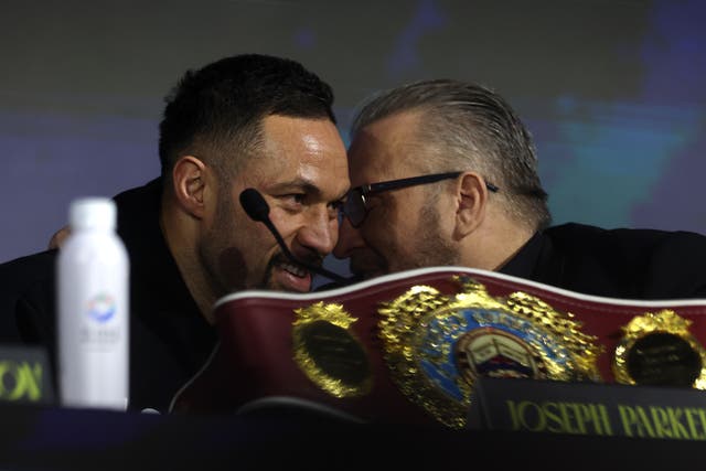 <p>Joseph Parker (left) with manager Spencer Brown, as discussions over a new opponent rumbled on</p>