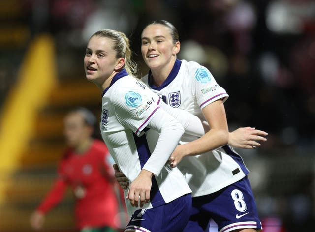 <p>Alessia Russo and Grace Clinton celebrate England’s goal in the 1-1 draw</p>