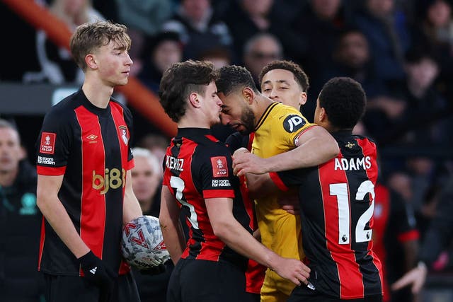 <p>Matheus Cunha was sent off for clashing with Bournemouth's Milos Kerkez</p>
