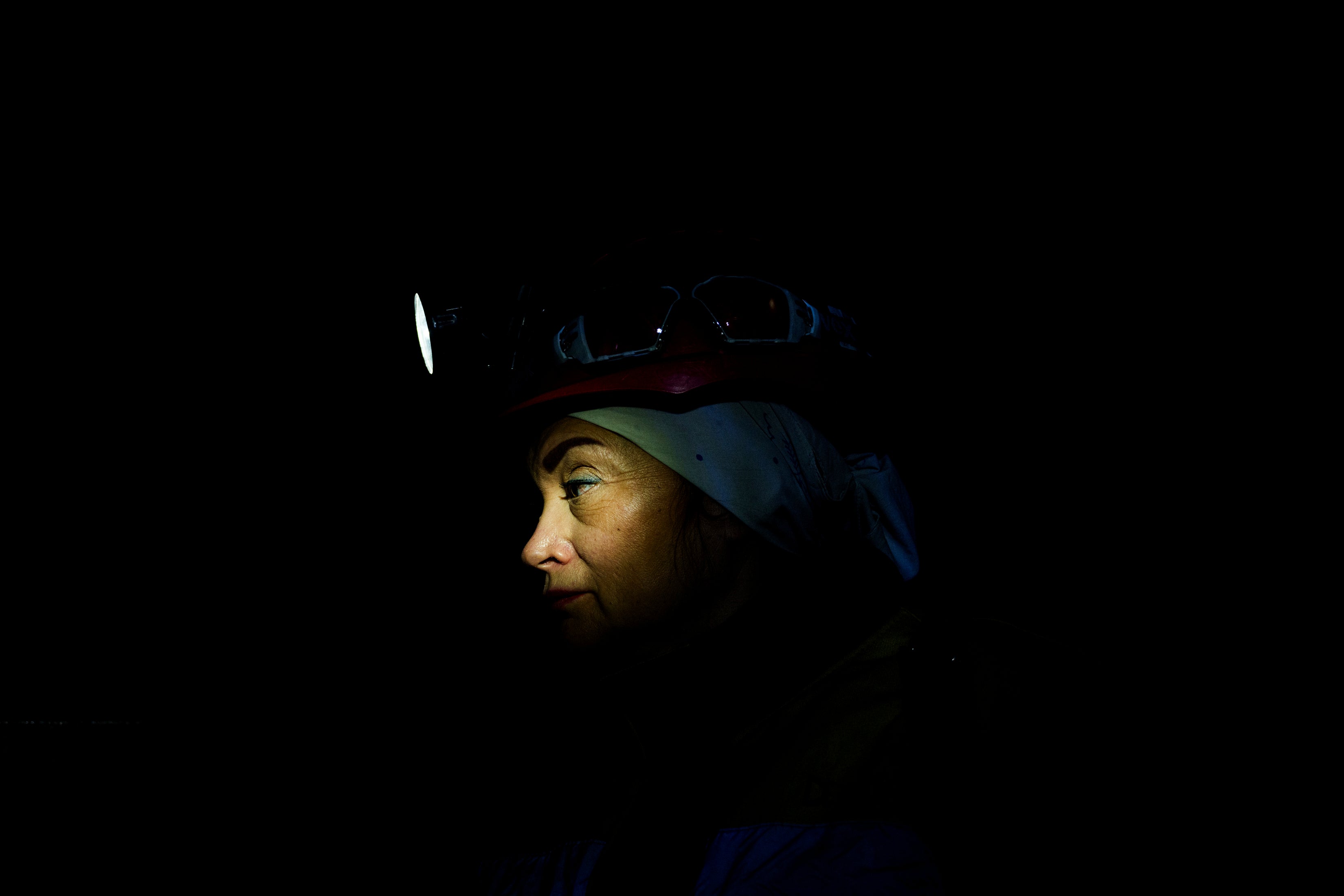 Oksana Polischuk, 51, descendes by lift into a coal mine