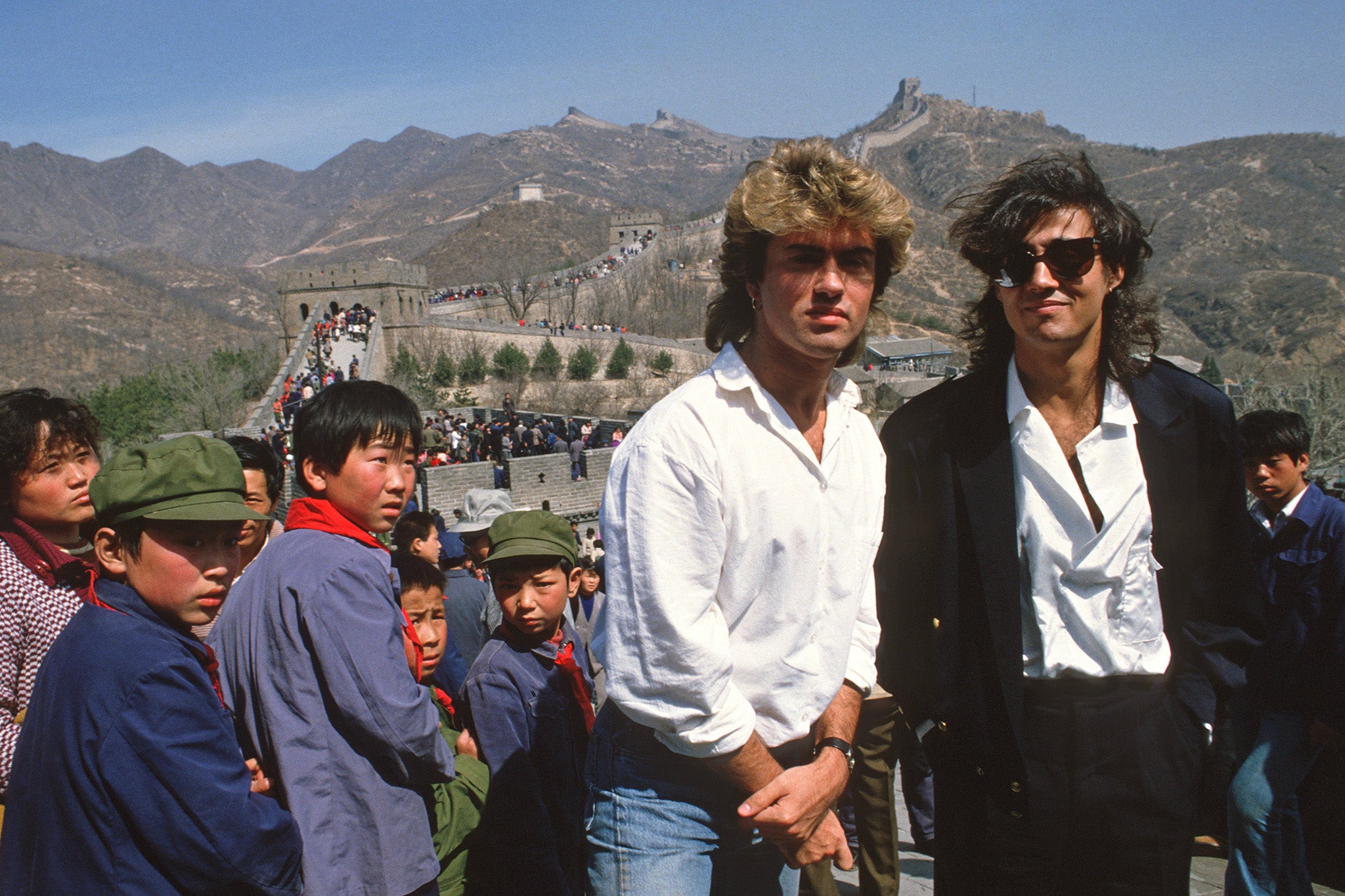 George Michael and Andrew Ridgeley at the Great Wall of China ahead of Wham!’s concert at Beijing's Workers’ Gymnasium in 1985