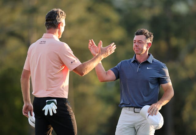 <p>Rory McIlroy of Northern Ireland embraces Justin Rose of England after the playoff hole during the final round of the 2025 Masters Tournament</p>