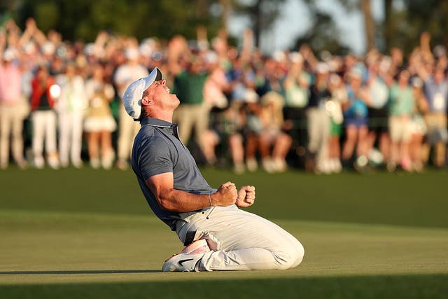 <p>Rory McIlroy celebrates winning the 2025 Masters after the playoff hole on the 18th green at Augusta National Golf Club on 13 April 2025, in Augusta, Georgia</p>