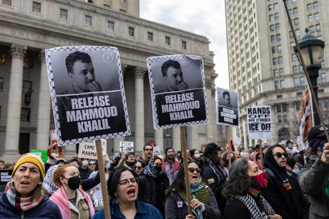<p>Protesters gather to advocate for the release of Mahmoud Khalil, a legal resident and Columbia University student detained after participating in pro-Palestinian campus protests last year</p>