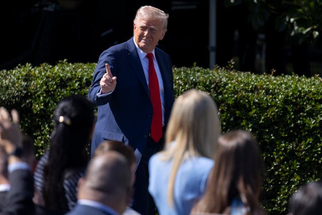 <p>Donald Trump arrives to deliver remarks during a visit with the 2025 Super Bowl champions, The Philadelphia Eagles, on the South Lawn of the White House in Washington, DC, USA, 28 April 2025</p>