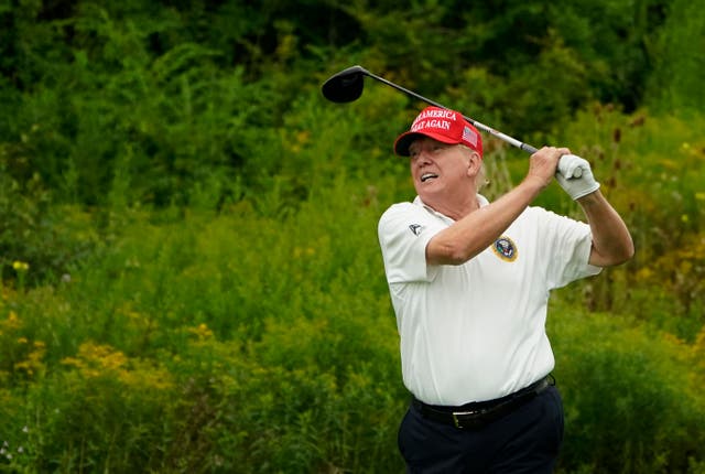 <p>US President Donald Trump plays golf at Bedminster before the LIV Golf Invitational</p>